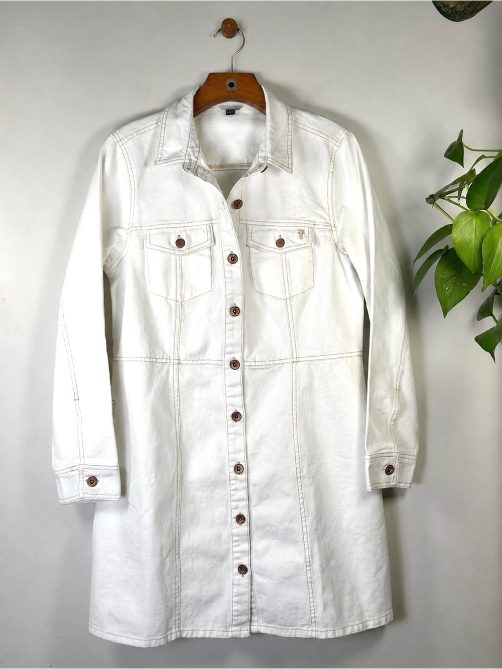 Frye White Denim Button Front Shirt Dress Long Jacket Size L NWOT